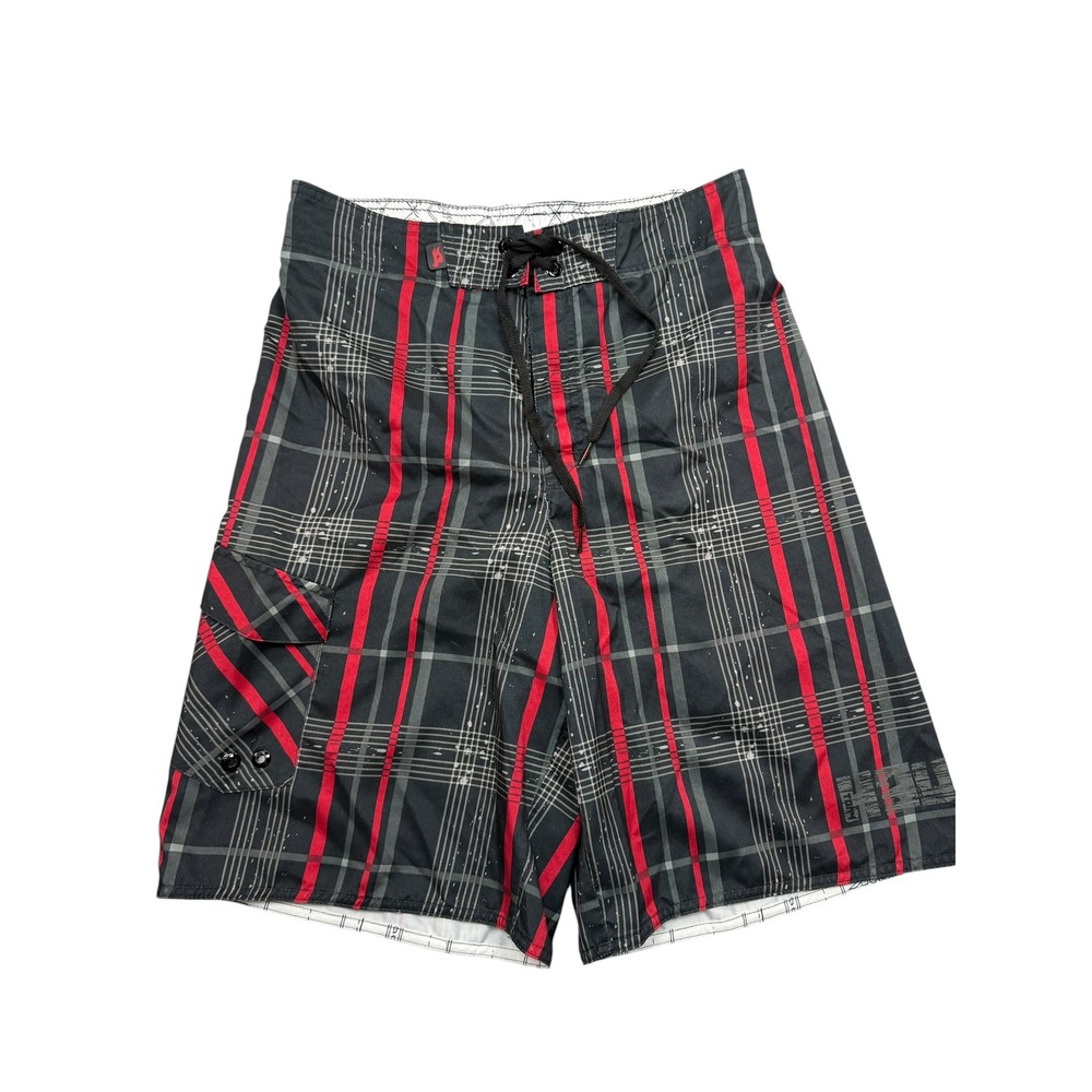 Tony Hawk Board Shorts Mens M Black Red Plaid Cargo Pocket Swim Trunks HK042820
